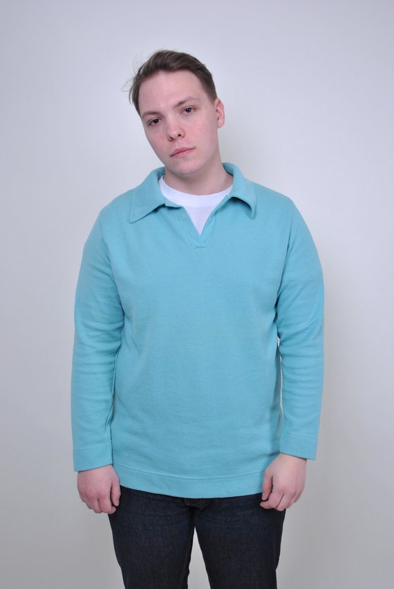 90s collared  minimalist sweatshirt in blue, vintage v-neck long sleeve polo shirt, Size L