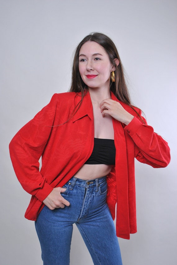 Vintage 90s Red Puff Sleeve Blouse – Floral Textured Oversized Shirt