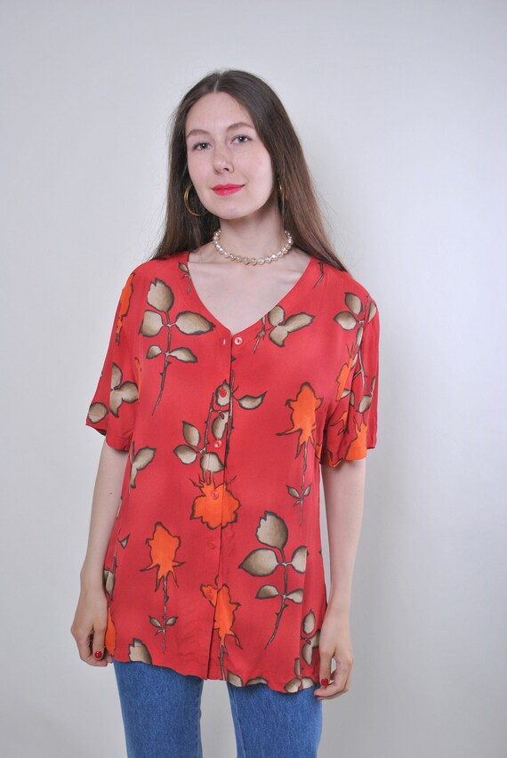 Red Rose Print Viscose Blouse, 90s Oversized Floral Button Front Top, L