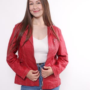 Blouson motard en cuir rouge des années 90, veste courte en cuir vintage, taille L