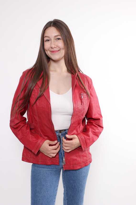 90s Vintage Red Leather Biker Crop Jacket (Size L)