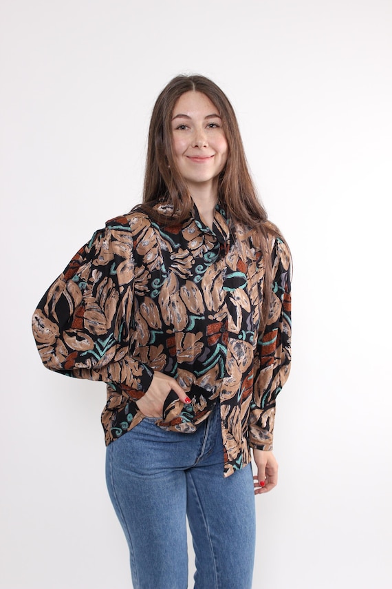 80s Botanical Leaf Print Blouse Vintage Abstract Viscose Shoulder Pad Button Up Size M