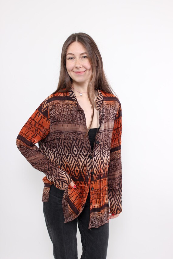 Rust Brown Geometric Print Sheer Blouse Crinkle Texture Long Sleeve Button Up Size L
