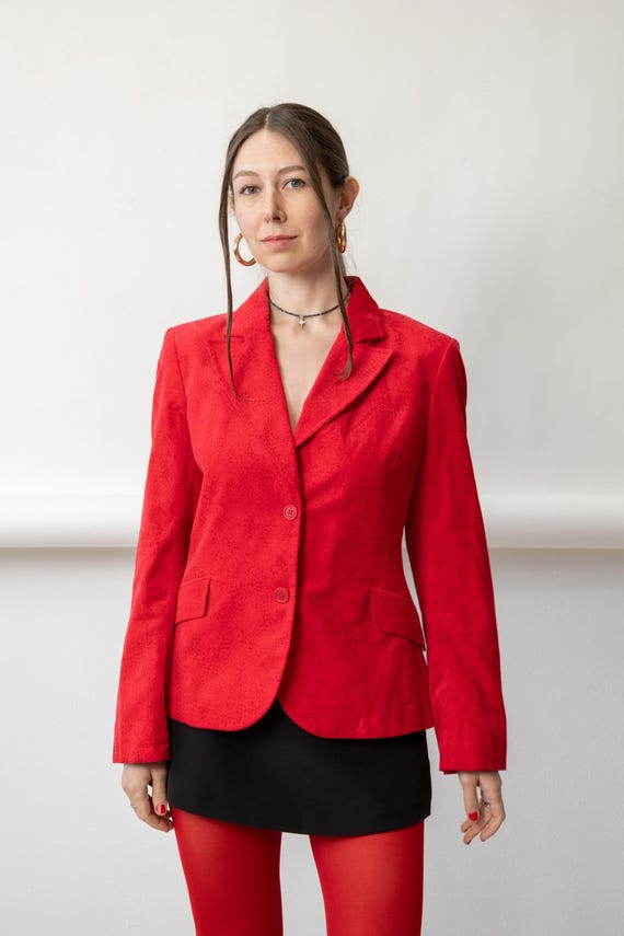 90s Red Tonal Floral Jacquard Blazer Vintage Fitted Notch Lapel Suede Look Jacket Size M