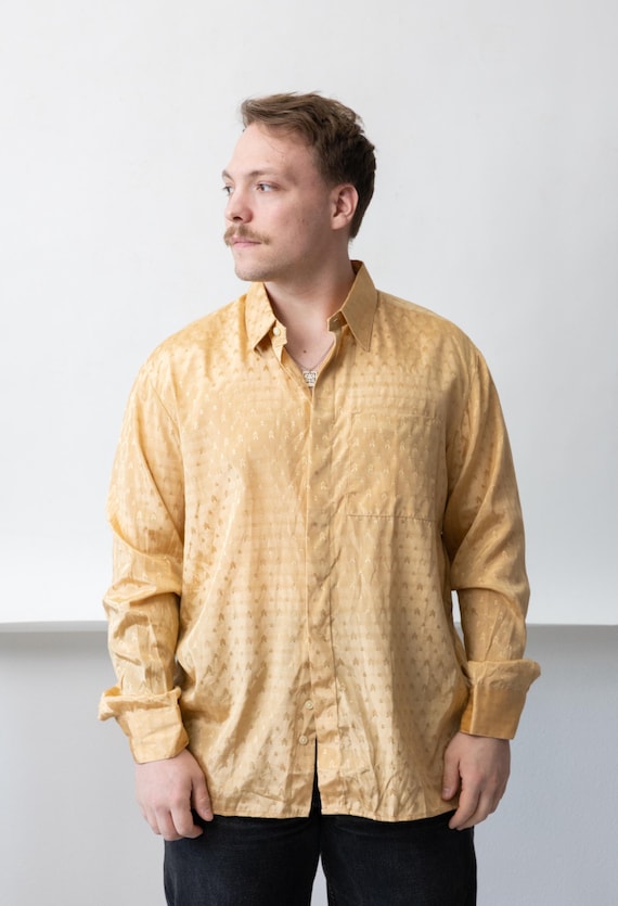90s Gold Jacquard Shirt Vintage Mens Satin Finish Boxy Button Up Size L