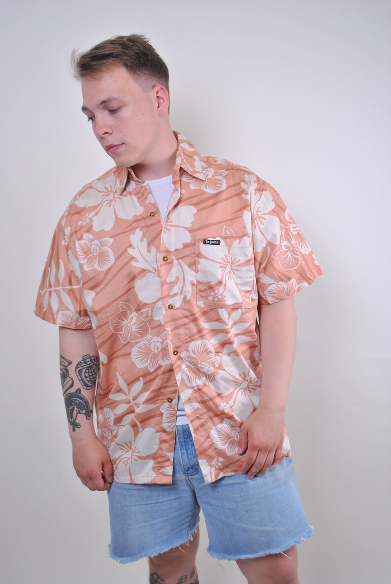 Floral shirt summer outfit hawaii print short sleeve flowers patterm orange white sea blouse boho top Size L button down