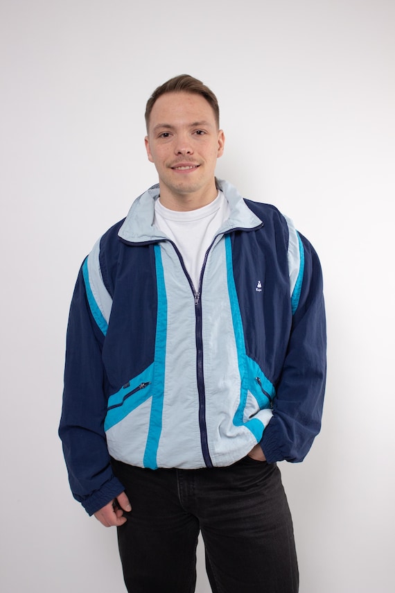 90s Colorblock Windbreaker Jacket Vintage Navy Sky Blue Teal Shell Zip Up Sporty L