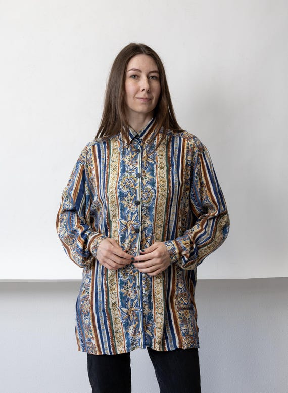 90s Blue Paisley Stripe Blouse Vintage Folk Floral Oversized Viscose Button Up Size L