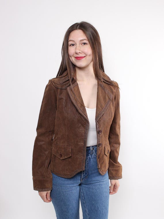 70s Brown Suede Jacket Vintage Fitted Butterfly Collar Tailored Boho Blazer Size S