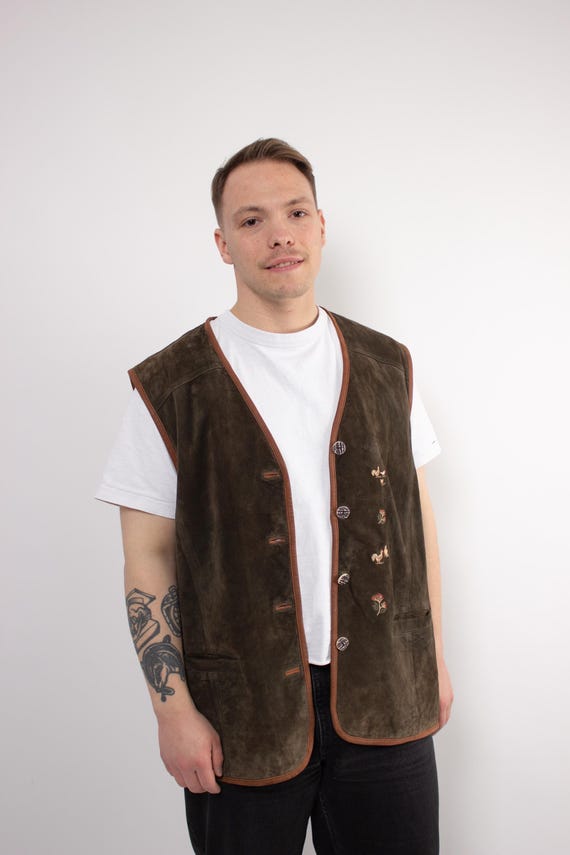 Vintage Embroidered Leather Vest, 90s Cottagecore Suede Bavarian Vest, Size L