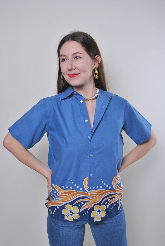 90s Blue Hawaiian Shirt Vintage Hibiscus Border Print Cotton Button Up Size M