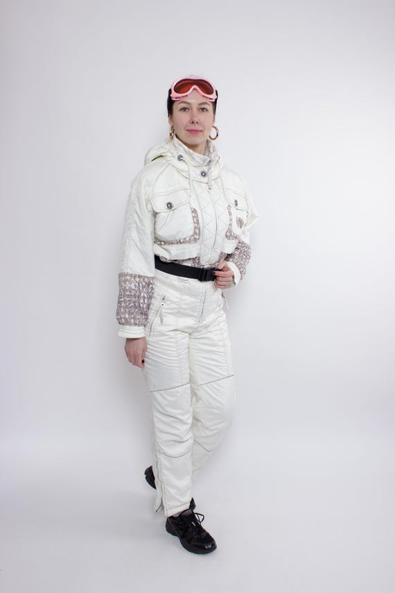 90s White Ski Suit Vintage Hooded One Piece Snowsuit Baroque Trim Size M