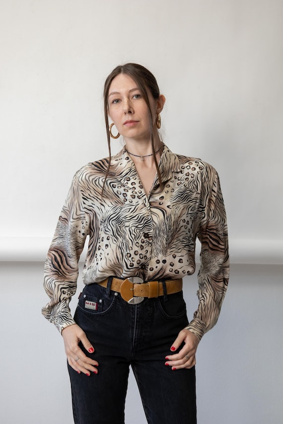 90s Mixed Animal Print Blouse Vintage Tiger Leopard Sheer Button Up Shirt Size M