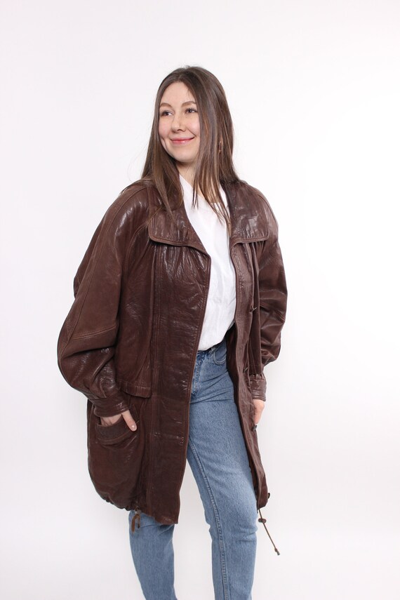 80s Brown Leather Coat Oversized Slouchy Longline Drawstring Hem Cocoon Jacket M L