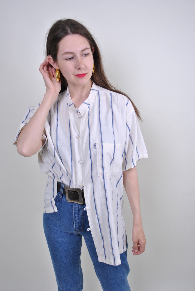 Striped White Blue shirt 90s 80s Vintage Womens wmns Summer Cotton Short Sleeve Pattern Casual Hipster Every day blouse FREE SHIPPING