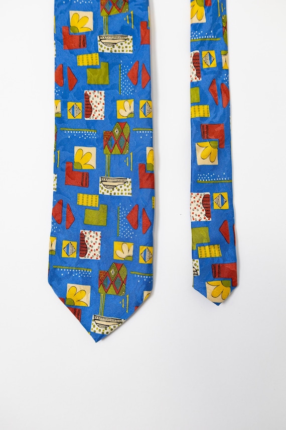 90s Italian Silk Tie Vintage Cobalt Blue Mid Century Pottery Print Hand Illustrated
