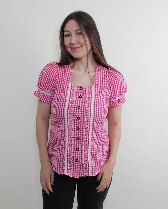 Pink Gingham Puff Sleeve Dirndl Blouse Ruffle Trim 90s M