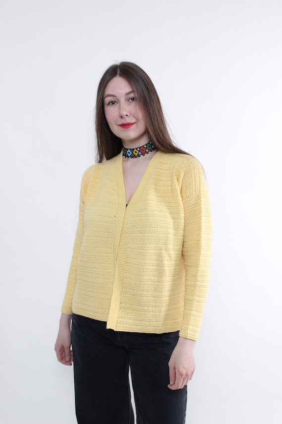 90s Yellow Knit V-Neck Cardigan Vintage Minimalist Sweater Size M