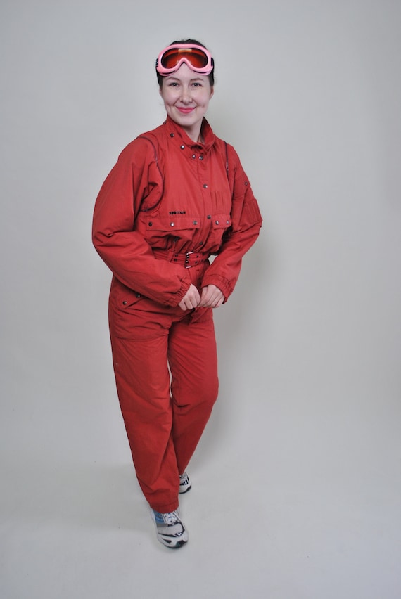 90s Vintage One Piece Ski Suit, Retro Red Winter Jumpsuit, Size M