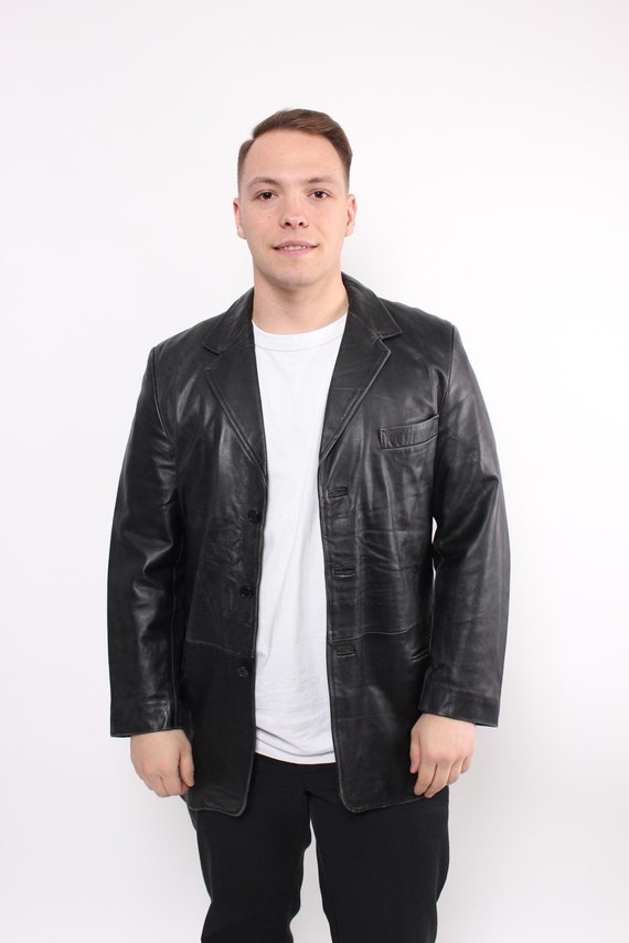 90s black leather blazer for men, three button minimalist sport coat jacket size Medium