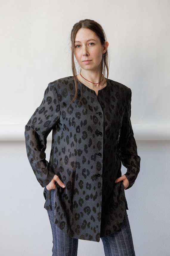 90s Leopard Jacquard Longline Blazer Vintage Charcoal Tonal Woven Collarless Statement Jacket Size L