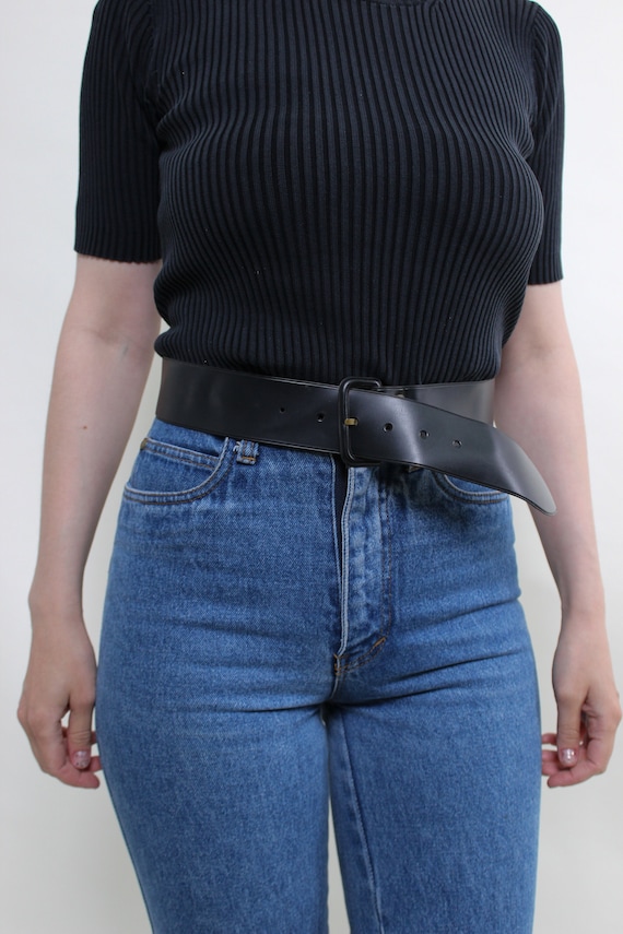 Vintage 90s Black Rubber Belt: Wide Square Buckle, Size M