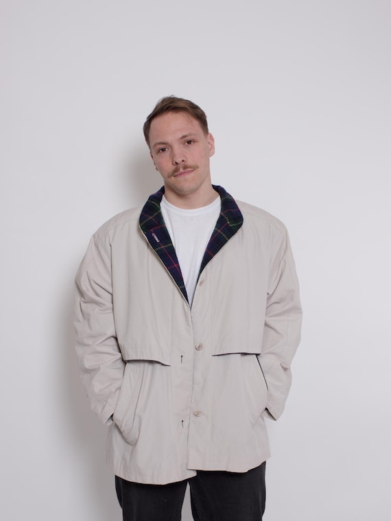 Vintage Beige Trench Jacket Mens Large, 90s Minimalist Coat Plaid Lining