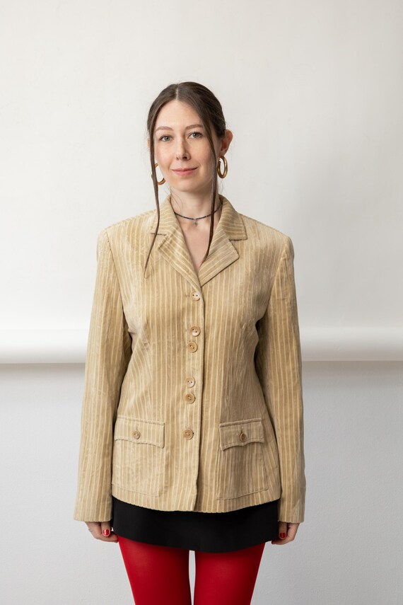 90s Beige Ribbed Velvet Blazer Vintage Fitted Notch Lapel Corduroy Look Jacket Size M