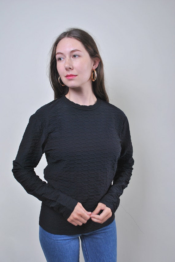 Black Textured Wave Jacquard Top, Vintage Minimalist Fitted Blouse