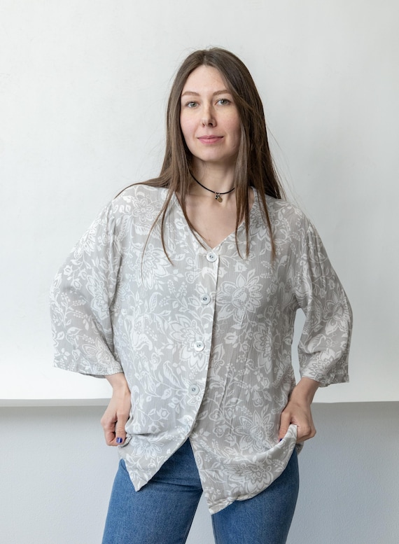 90s Dove Grey Floral Tunic Blouse Vintage Oversized Cotton Dolman Sleeve Size XL