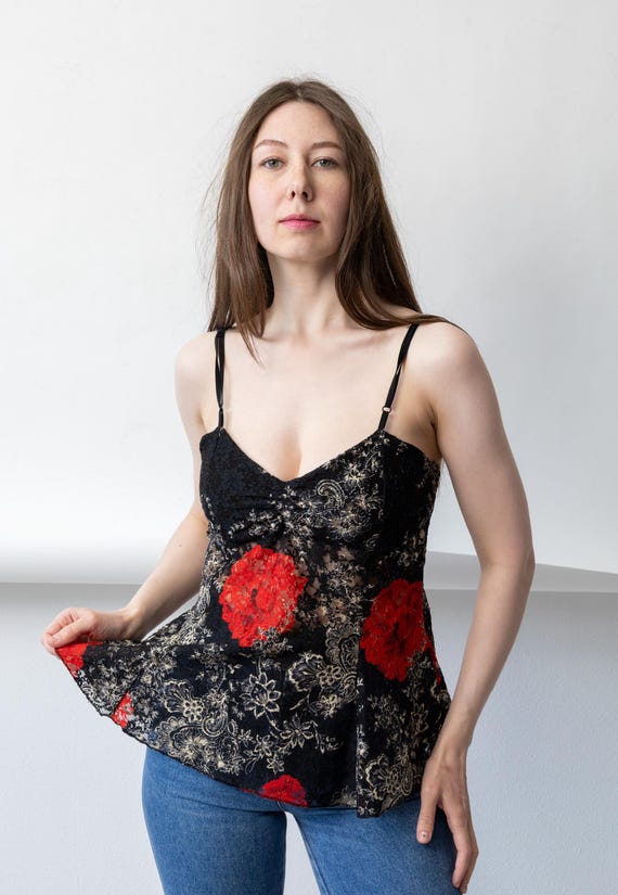Rose Black Lace Cami Top Vintage Y2K Floral Babydoll Camisole Size M