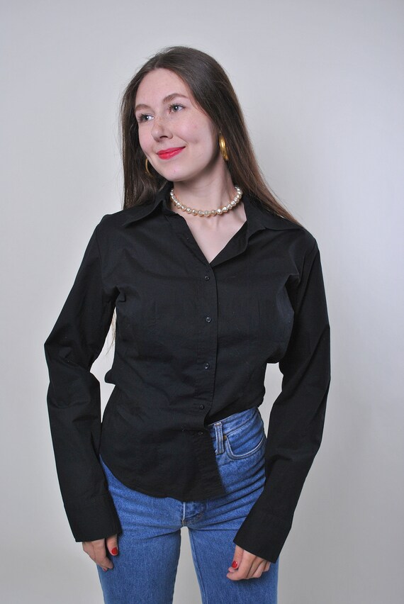 Women vintage black long sleeve cotton formal blou