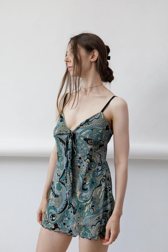 Y2K Teal Paisley Swirl Mesh Vintage Babydoll Mini Dress Tie Front Slip Size M