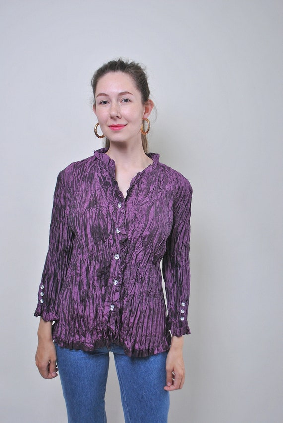 90s ruffled purple blouse, Vintage printed button up, retro party shirt, Size L