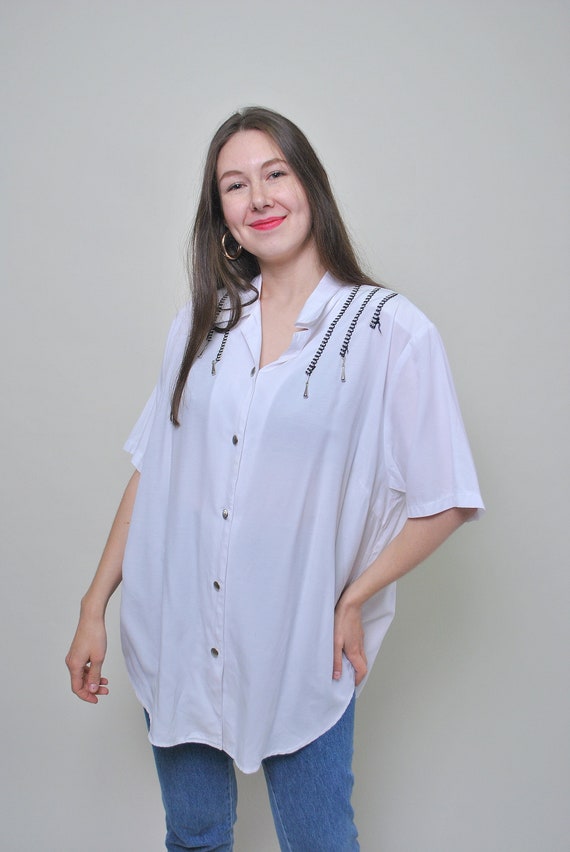 y2k oversized designer blouse in white, vintage 2000s button front light blouse, Size XL