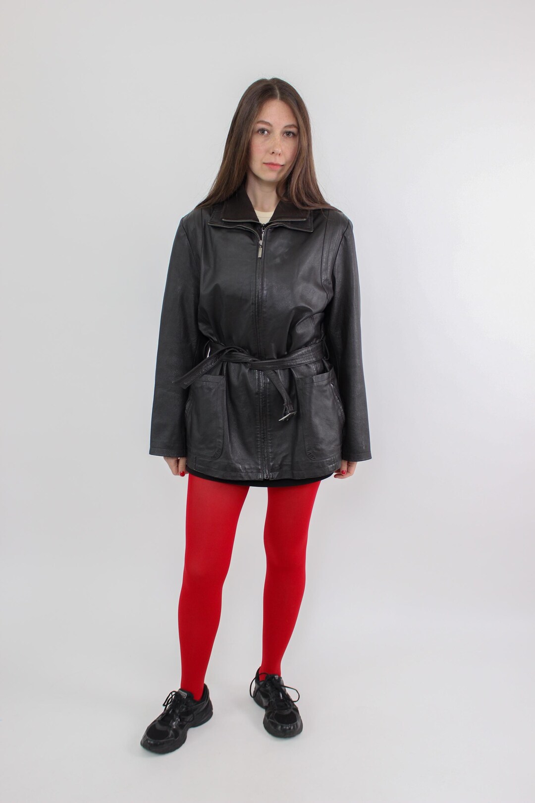 90s Black Leather Belted Jacket - Women's Retro Zip-up Outerwear