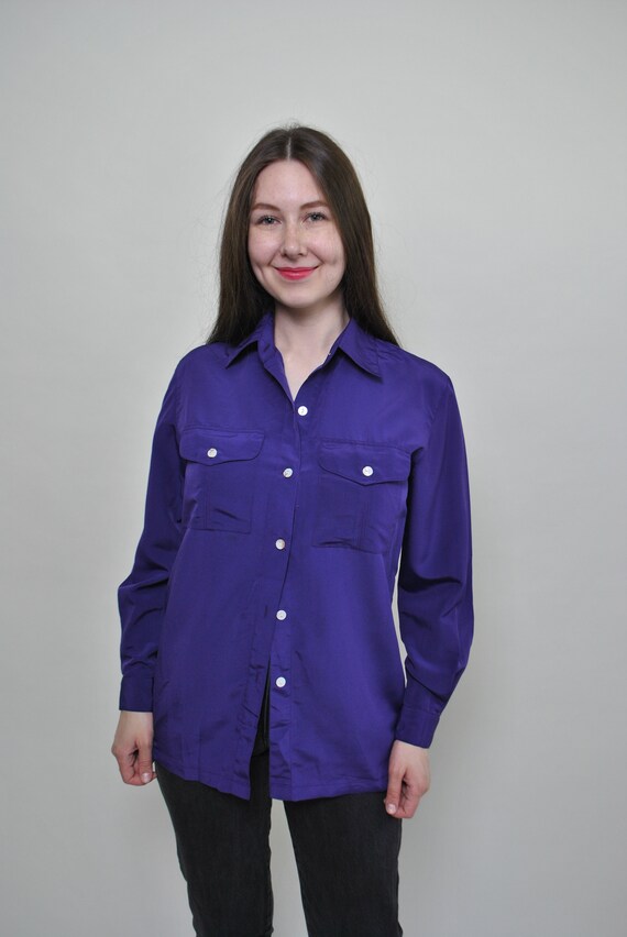 90s Purple Polyester Utility Blouse Vintage Two Pocket Long Sleeve Slouchy Shirt M