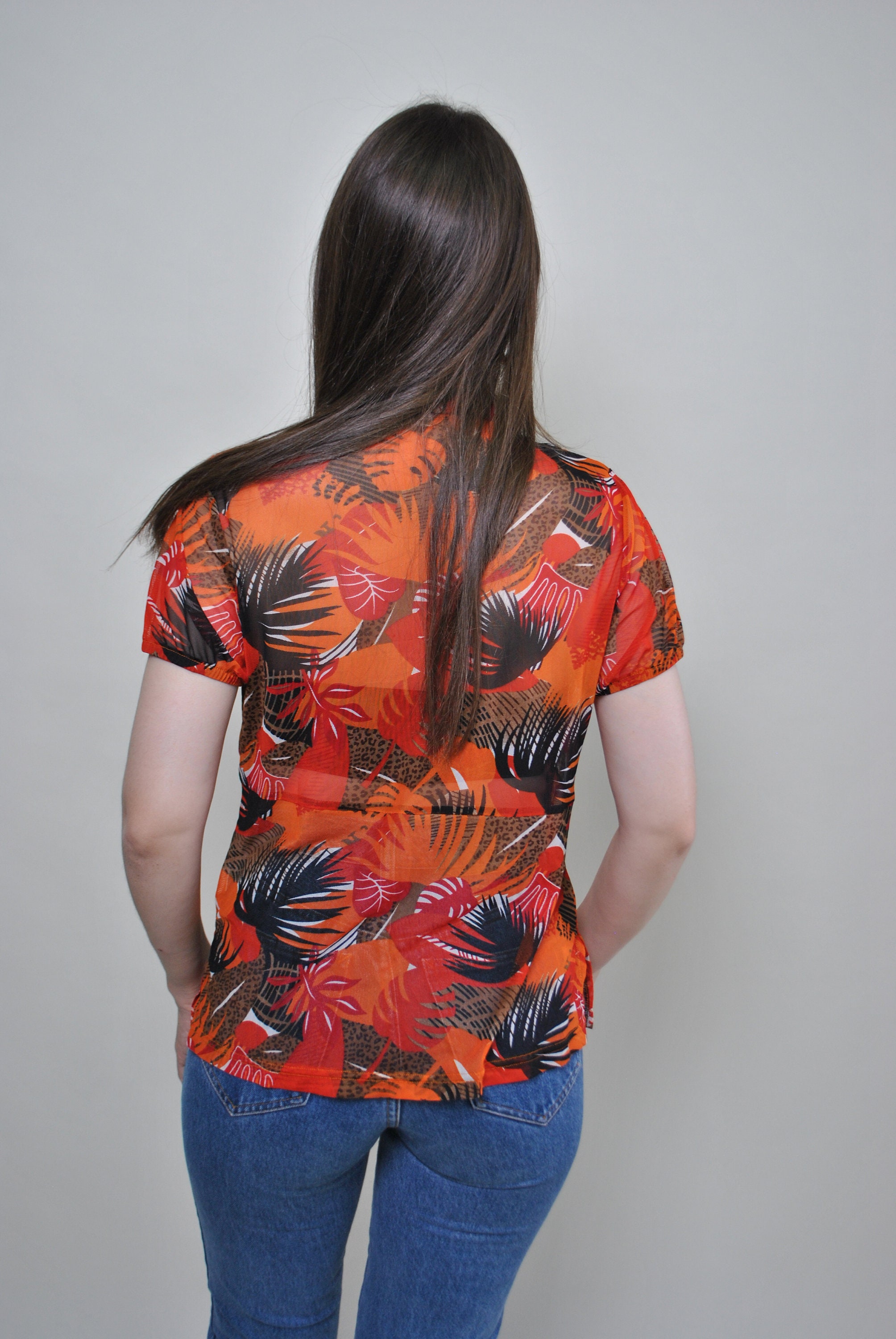 Tropical Print Ruffle Blouse, 70s-style Orange Botanical Button-up With ...