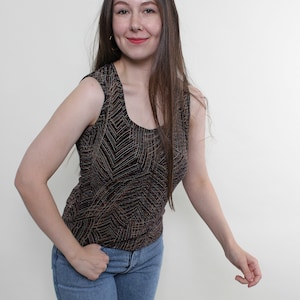 Vintage 90s multicolor tank top, embroidered black top, colorful top, Size M