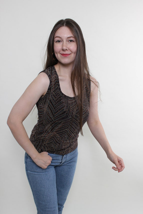 Vintage 90s Embroidered Tank Top: Multicolor Black Top, Size M