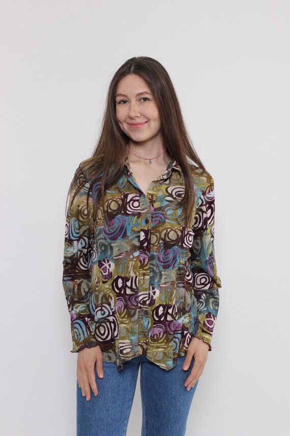 Olive Teal Abstract Blouse 90s Vintage Swirl Print Sheer Button Up Shirt Size M