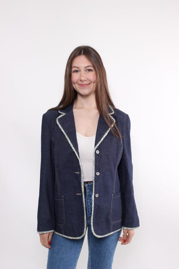 90s denim crop blazer in blue, vintage casual women suit jacket, Size L
