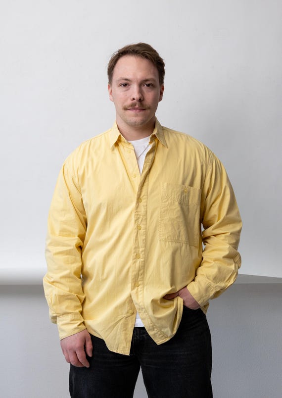 Butter Yellow Cotton Shirt 80s Mens Oversized Vintage Pastel Button Up Size XL