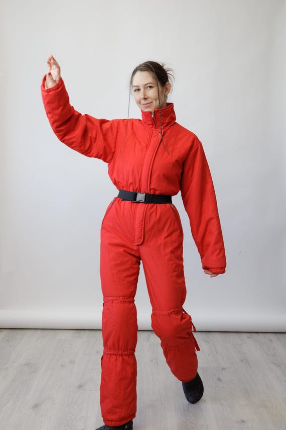 80s Cherry Red Cotton Blend Vintage Ski Suit Ruched Cinch Leg One Piece Snowsuit Size M