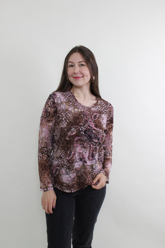 y2k pink paisley top, vintage 00s pullover long s… - image 1