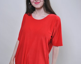 Vintage oversized red blouse, 90s pullover women shirt, Size L