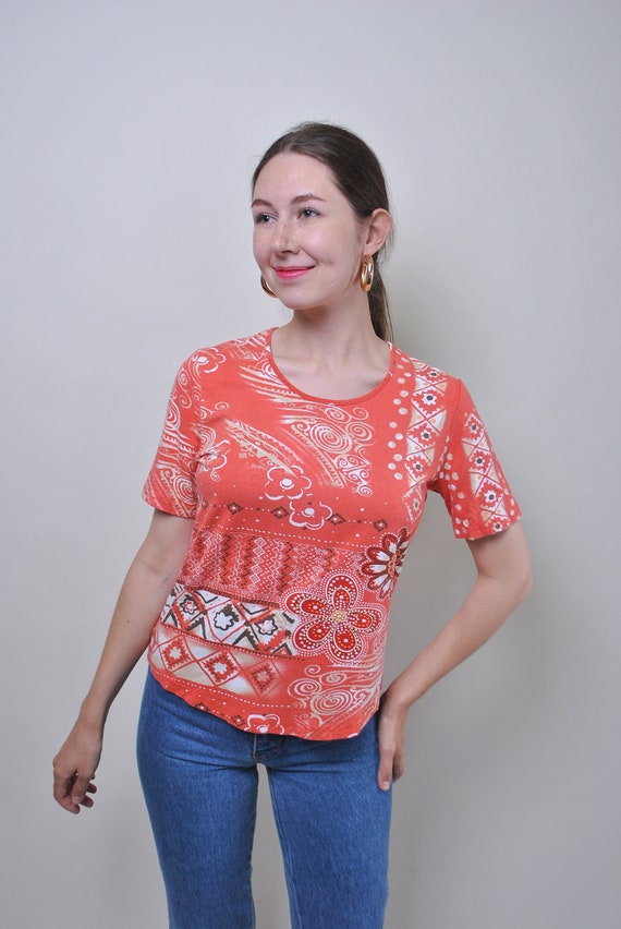 90s flower print funky pullover blouse, vintage hippie festival blouse, Size M