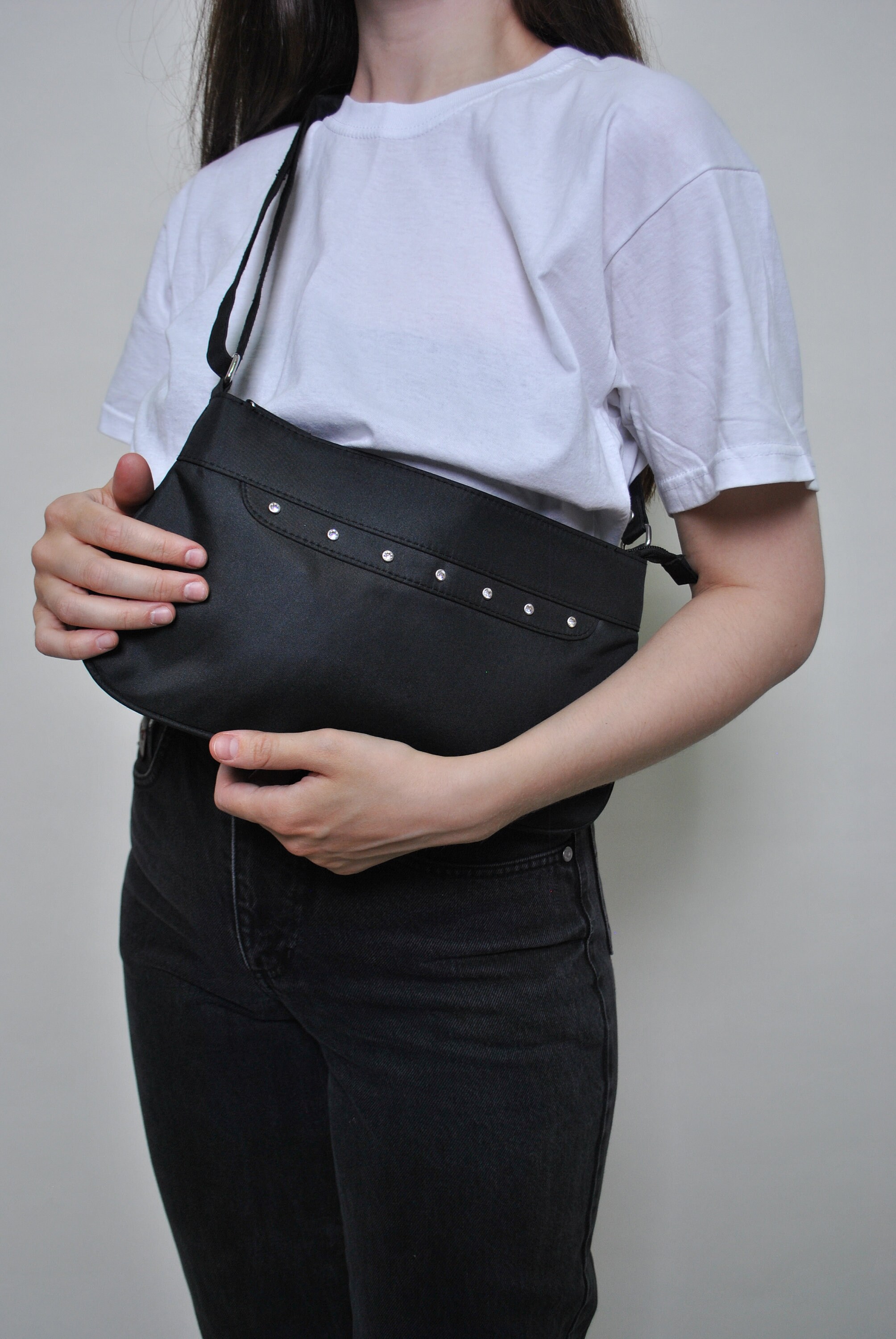 Minimalist shoulder bag, 90s vintage black mini bag zip closure women 1990s casual evening formal accessories
