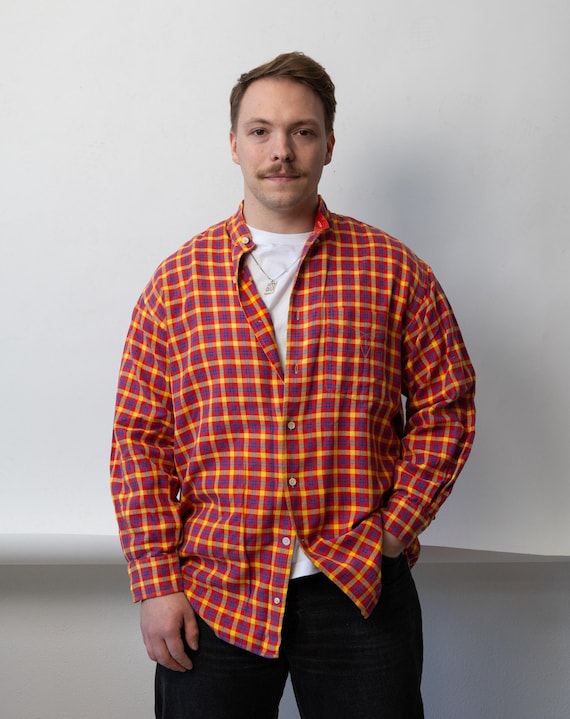 Red Yellow Blue Plaid Cotton Button Up Shirt Bold Check 90s Vintage L