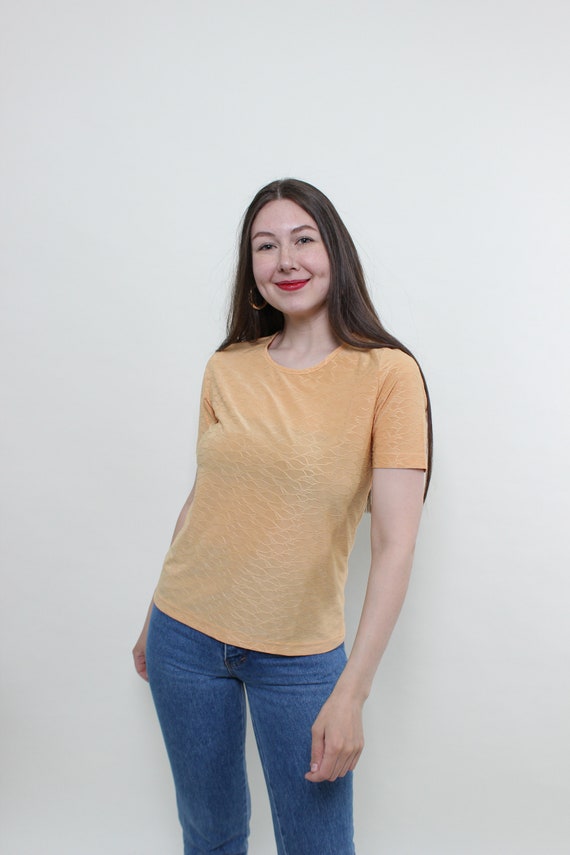 90s pullover textured blouse in orange, vintage summer stretchy blouse, Size S